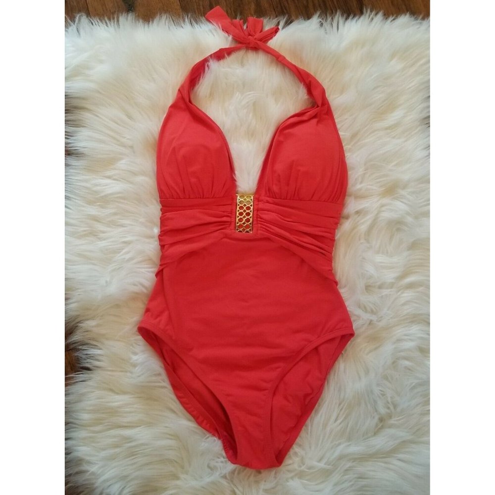 Bleu Rod Beattie Halter One-Piece, Women's Size 4, Red Orange NEW NWT Padded